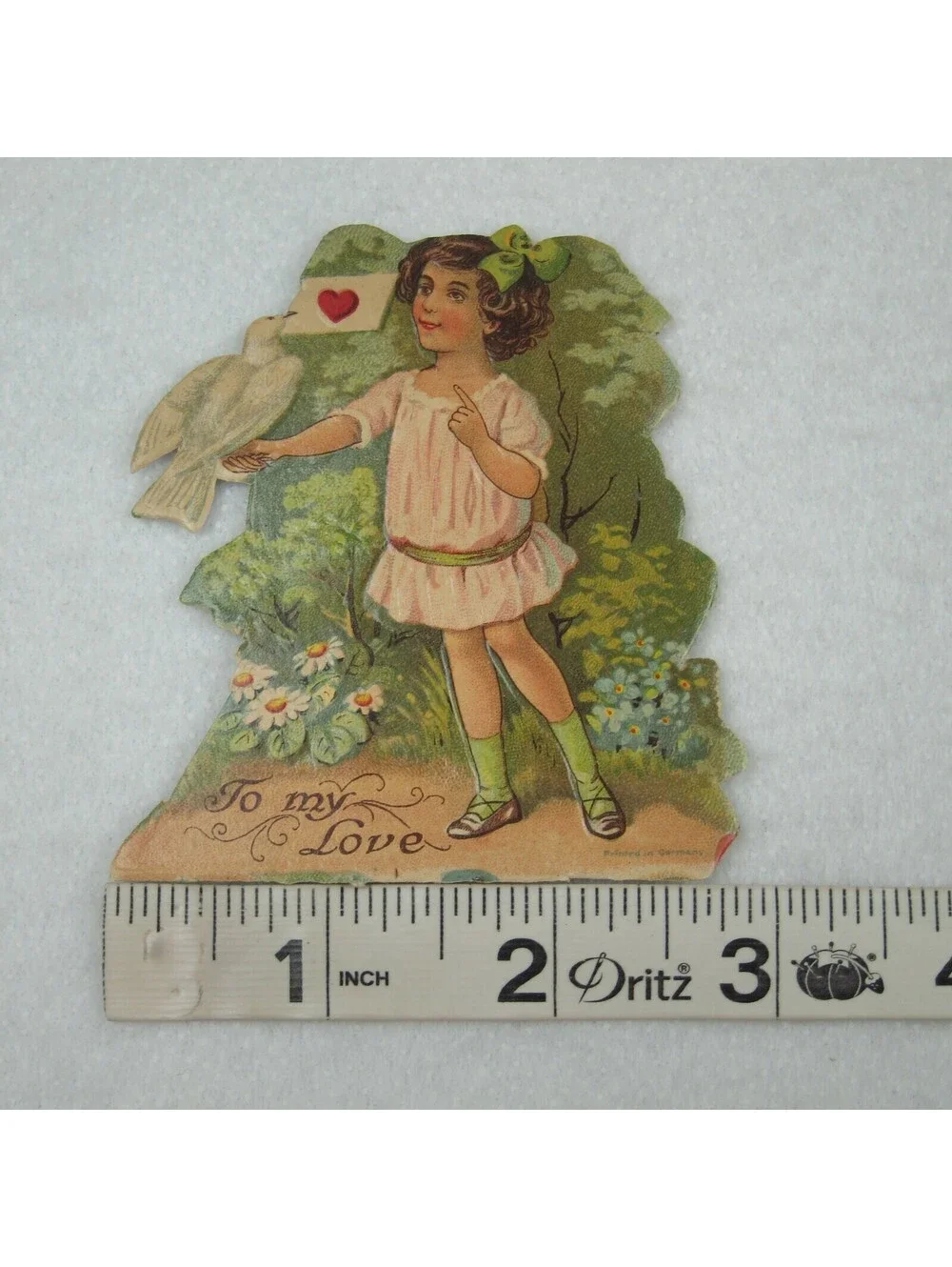 Vintage Valentine Die Cut Stand Up Girl Pink Dress & White Dove 1920-30s Germany